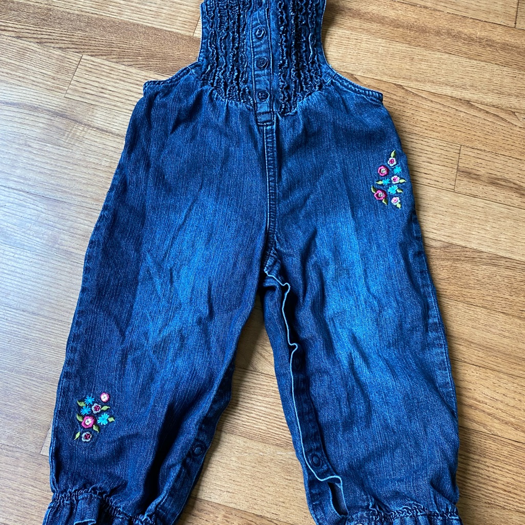 Koala Kids Blue Denim Overalls With Floral Embroidery Toddler Girls Vintage